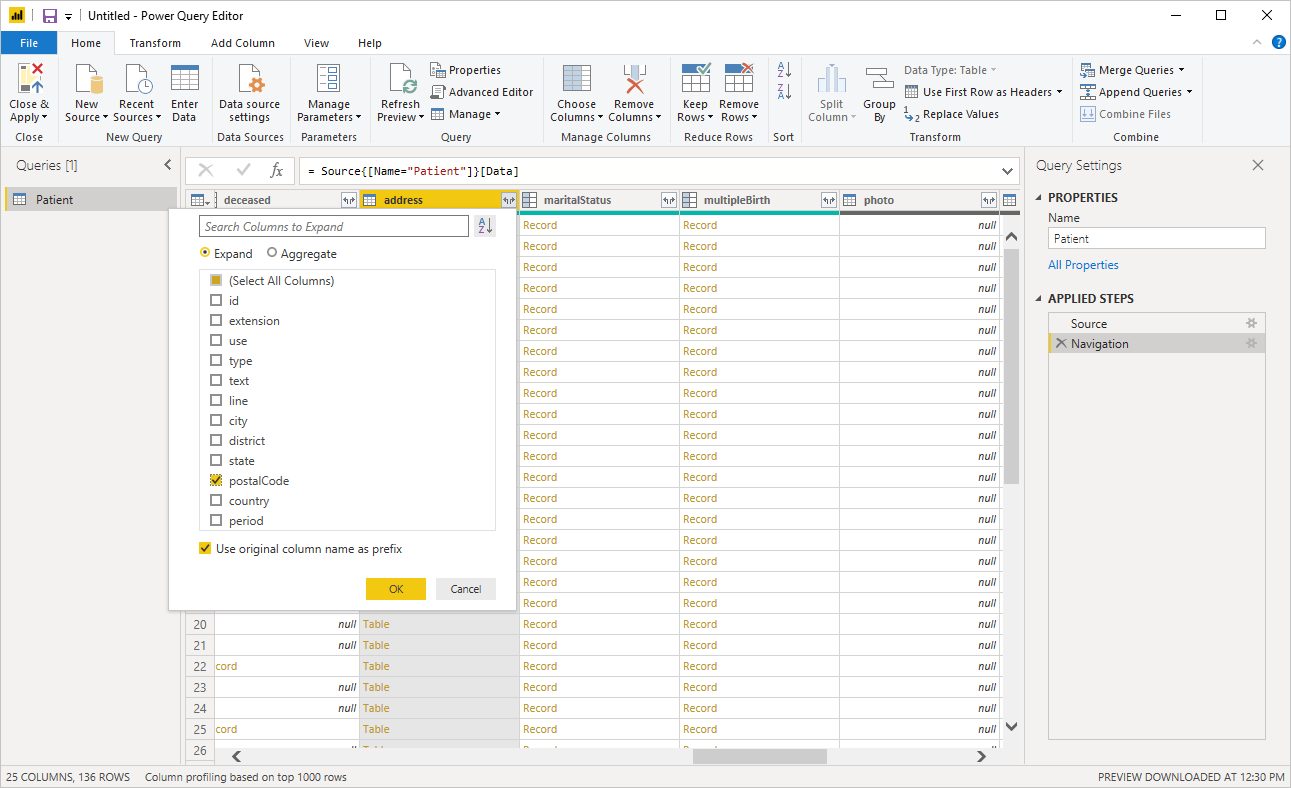 Image of the Power Query Editor with the patient data shown, the address column selected, and the postal code selected for expansion.