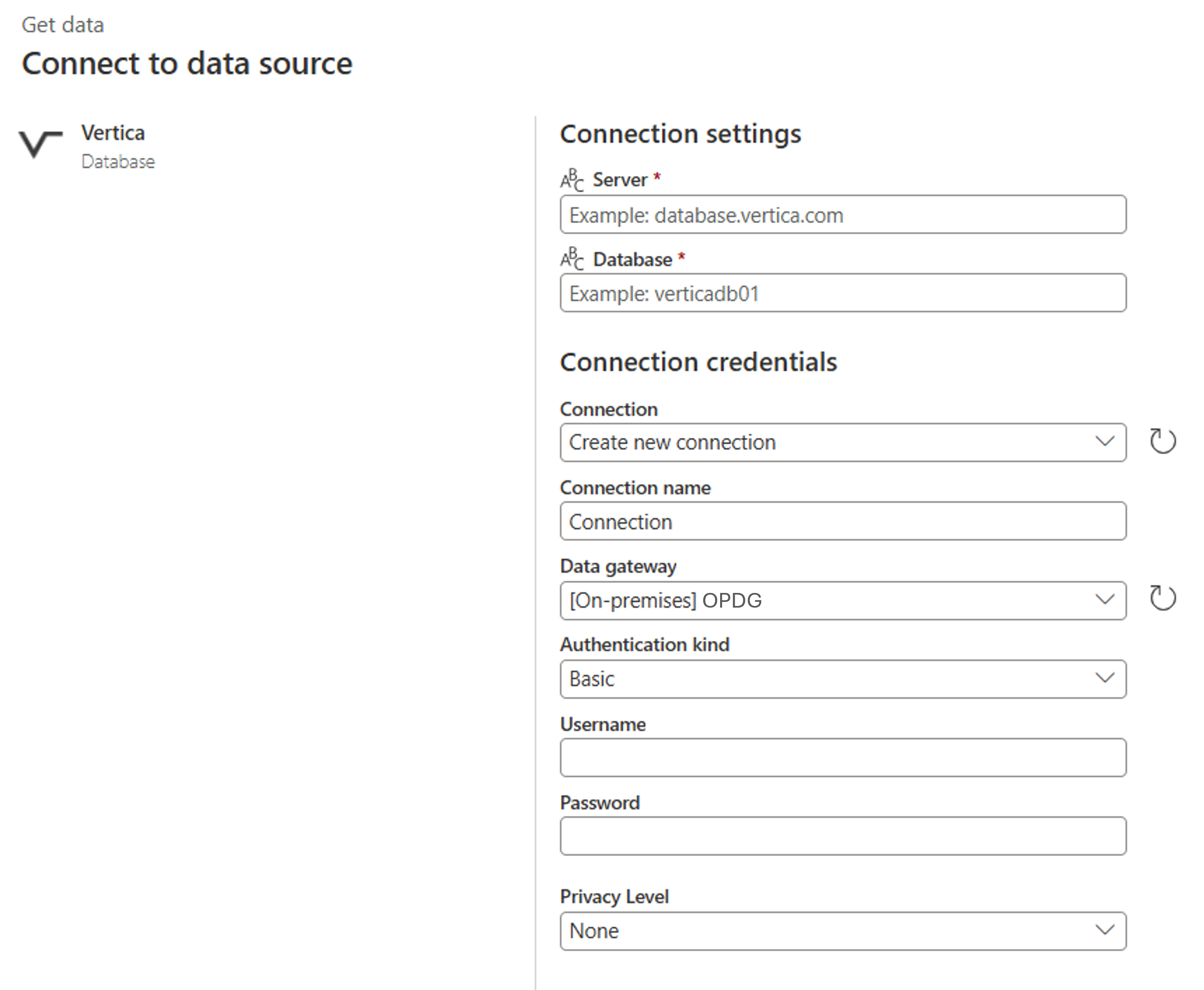 Screenshot of the connect to data source page for the Vertica database online connection.