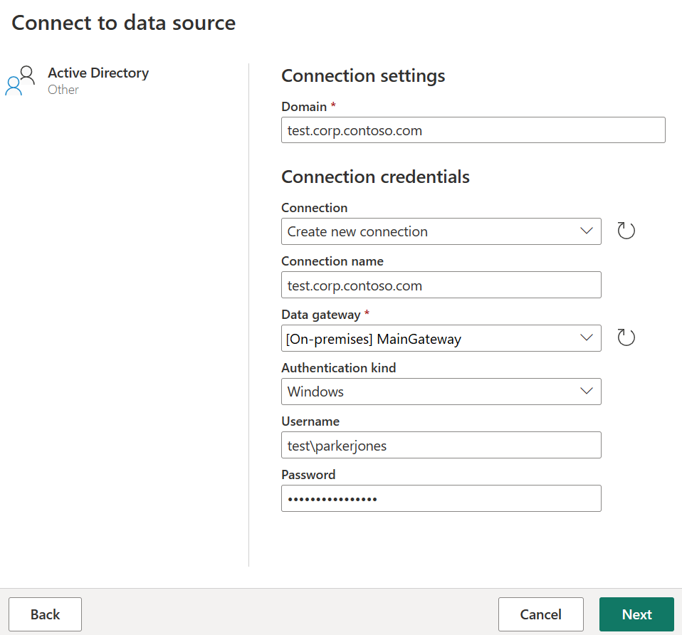 Screenshot of the Connect to data source page, showing a domain added, using a new connection, a data gateway selected and a username and password provided.