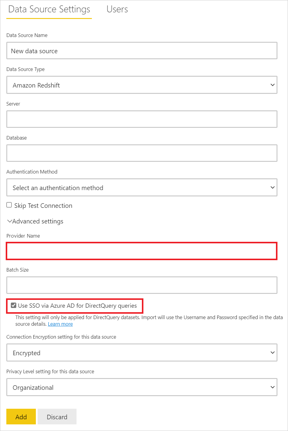 Image of the Data Source Settings tab with the Provider Name and Use SSO via Azure AD for DirectQuery queries advanced settings emphasized.
