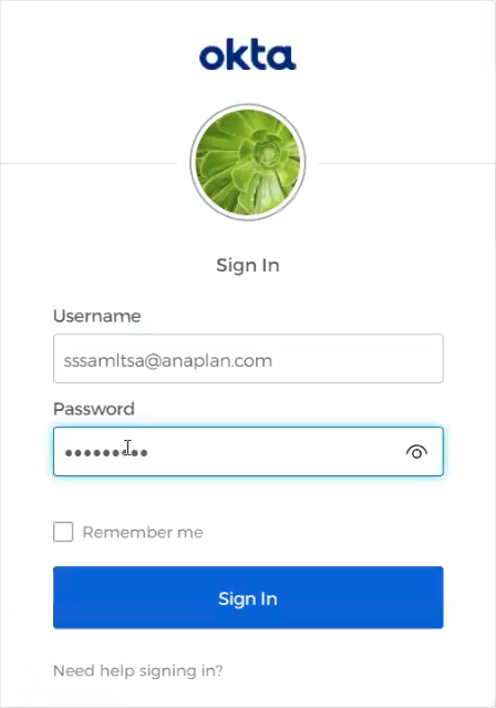 Sign In dialog for Okta. Okta is one example of a likely identity management tool.