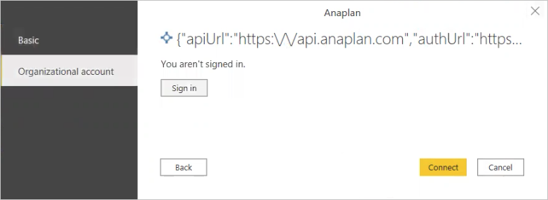 The Connect dialog for the Anaplan Power BI connector.