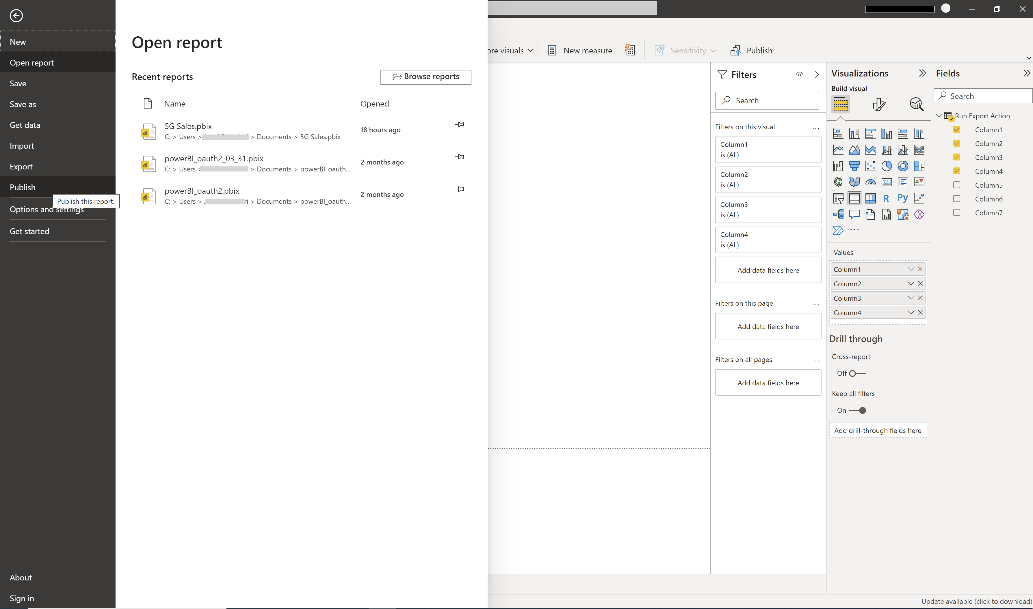 Microsoft Power BI report dialog with a left menu that displays the Publish option.