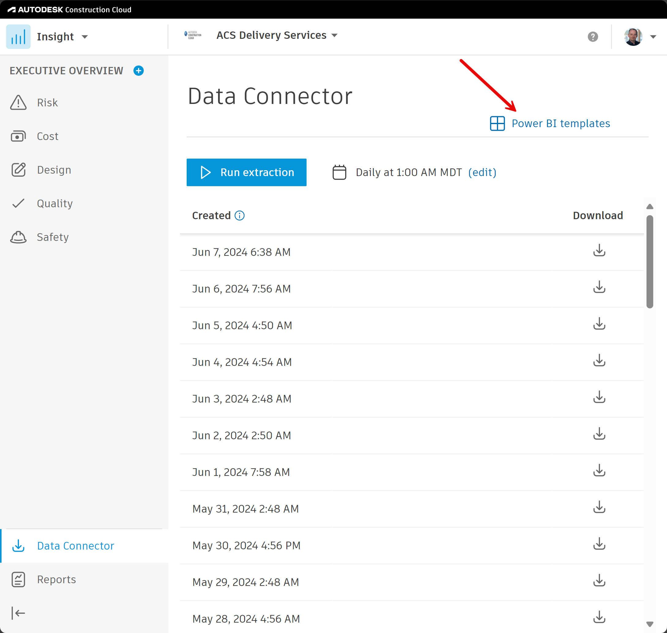 Screenshot showing the Power BI Template Gallery in Data Connector