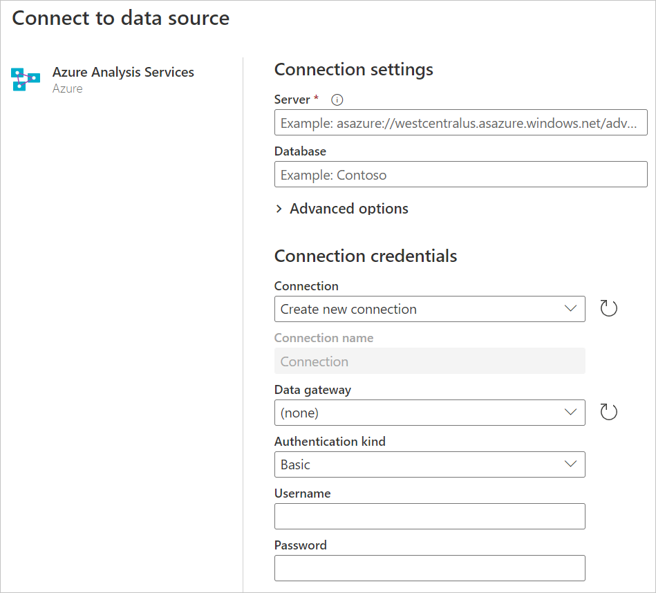 Azure Analysis Services database connection builder in Power Query Online.