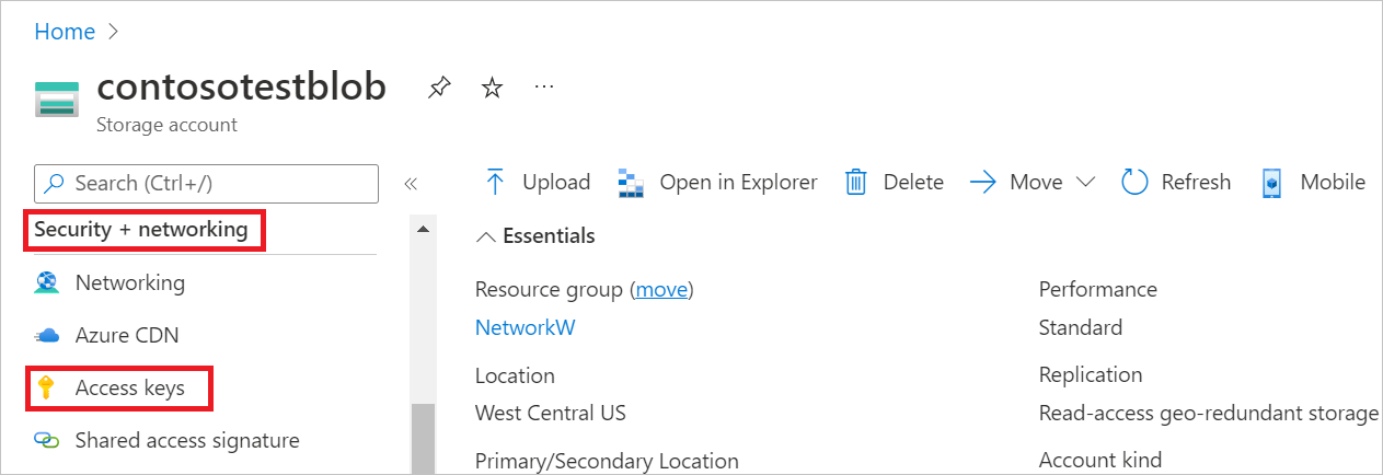 Screenshot of the example storage account in Azure, with Security + networking and Access keys emphasized.