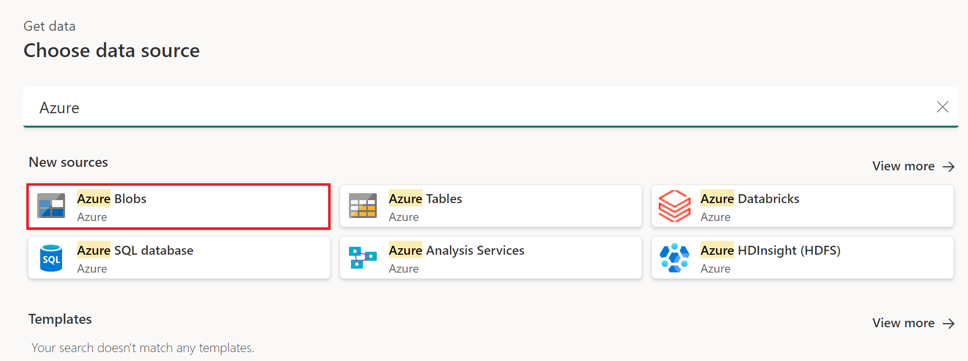 Screenshot of the Choose data source page, with the Azure category selected, and Azure Blobs emphasized.