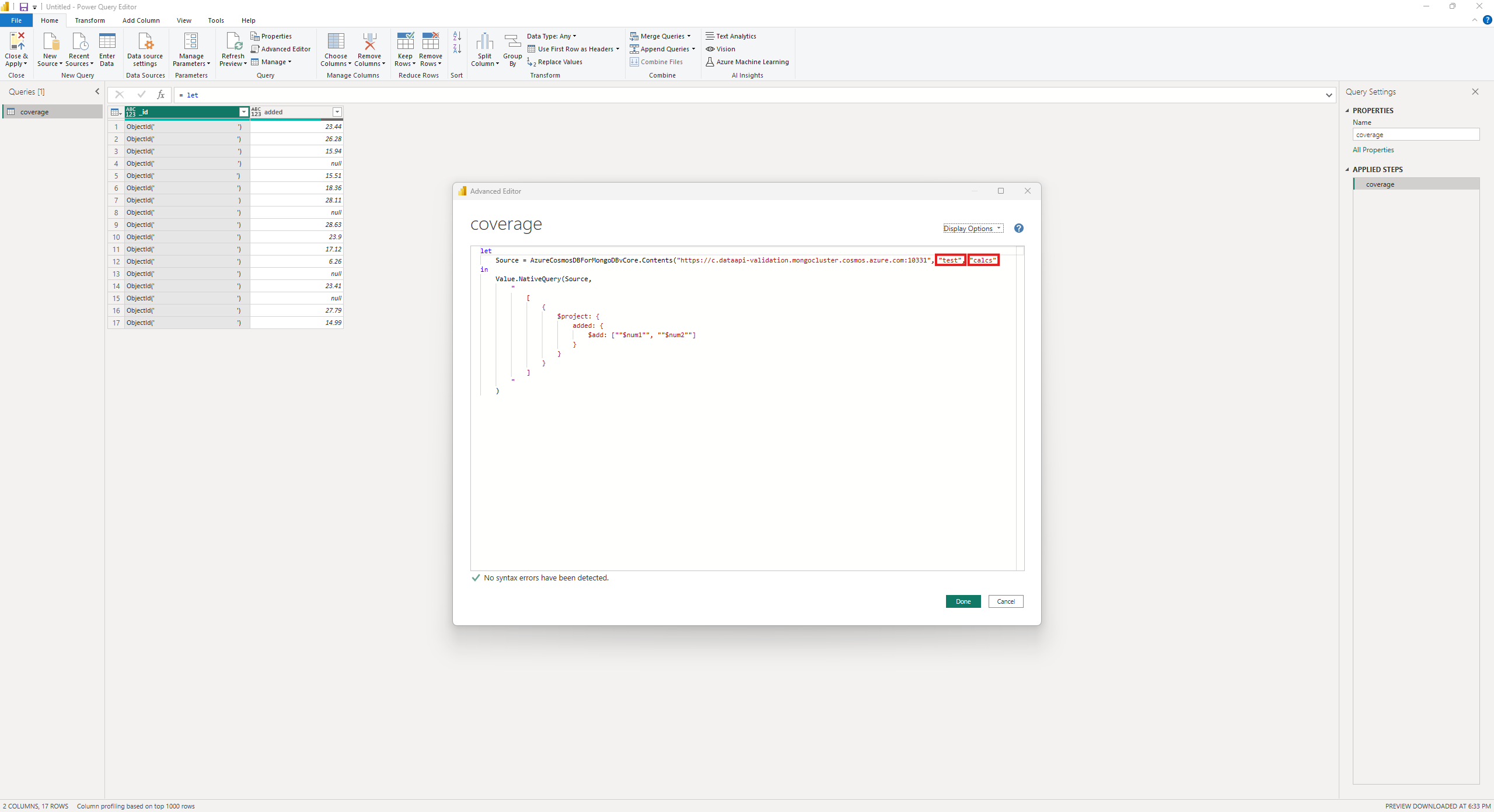 Screenshot showing Native Mongo Query Initial Advanced Editor after.