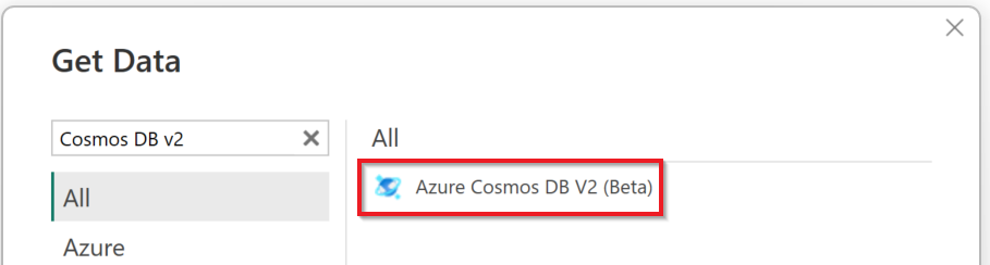 Screenshot showing Select Azure Cosmos DB v2 selection.