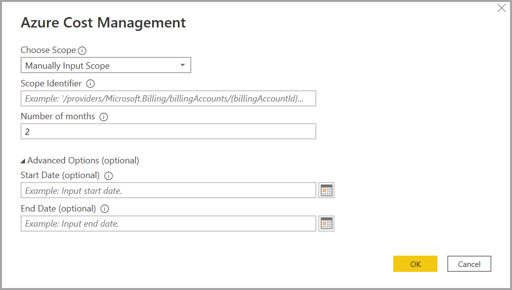 Screenshot of Azure Cost Management with number of months input.