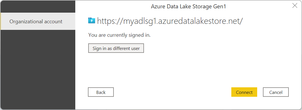 Screenshot of the sign in dialog box for Azure Data Lake Storage Gen1, with the user signed in and ready to connect.