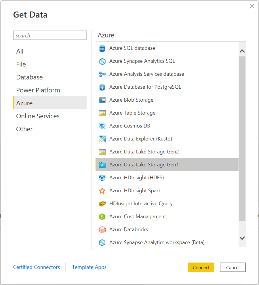 Screenshot of the Get Data dialog box with the Azure Data Lake Store option highlighted and the Connect option called out.