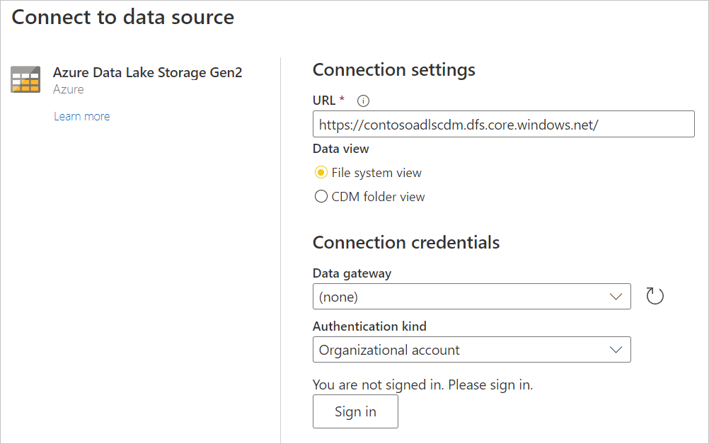 Screenshot of the Connect to data source page for Azure Data Lake Storage Gen2, with the URL entered.