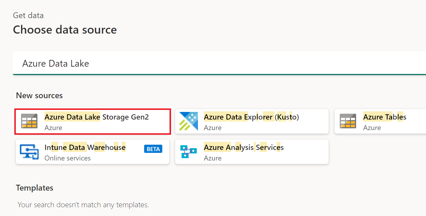 Screenshot of the get data window with Azure Data Lake Storage Gen2 emphasized.