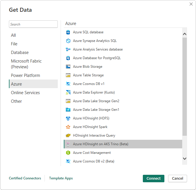 Screenshot of the Get data dialog with the Azure category and the Azure HDInsight on AKS Trino connector emphasized.