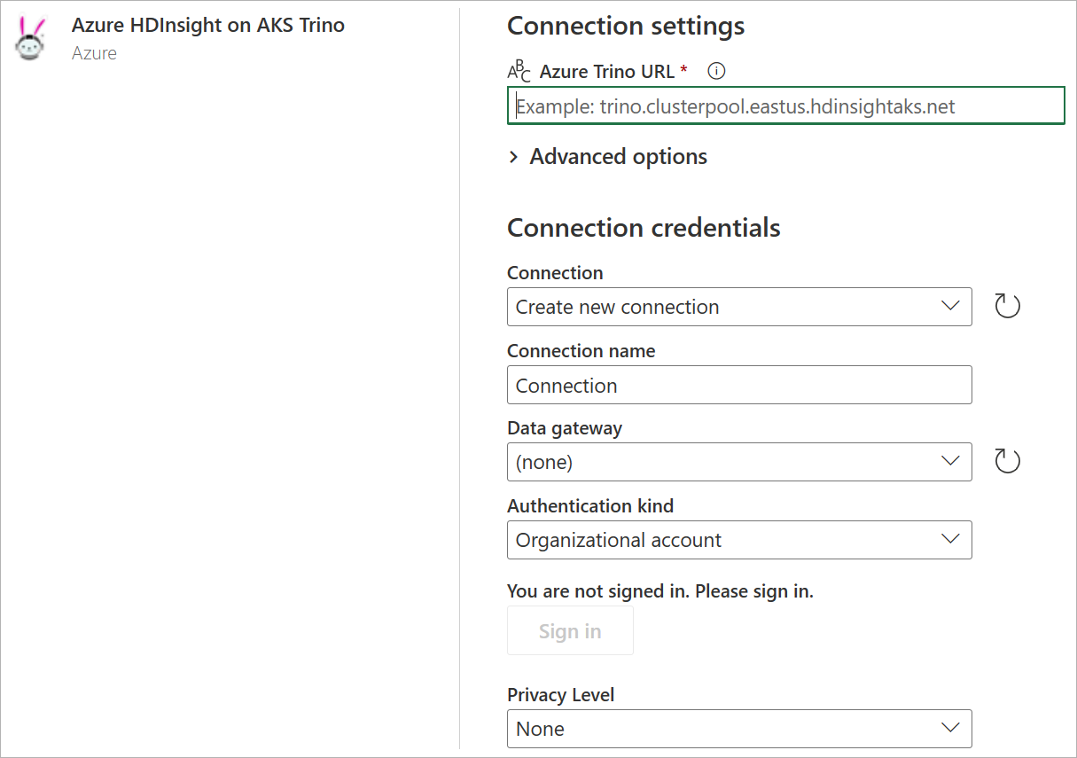 Screenshot of the connection dialog for Azure HDInsight on AKS Trino.