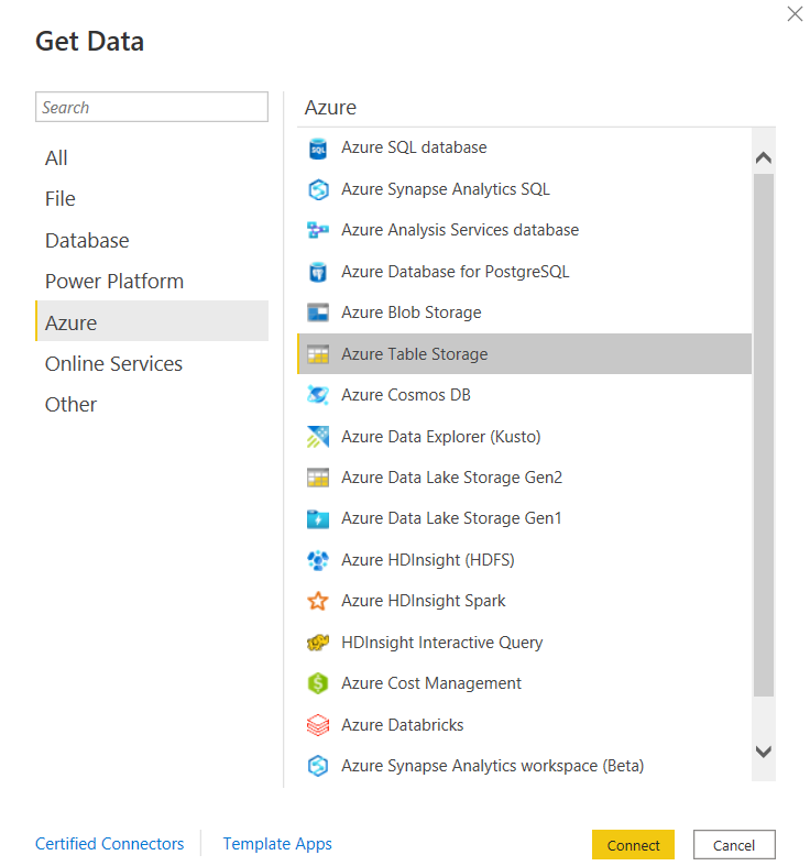 Screenshot of the Get Data dialog, showing the Azure Table Storage database selection.