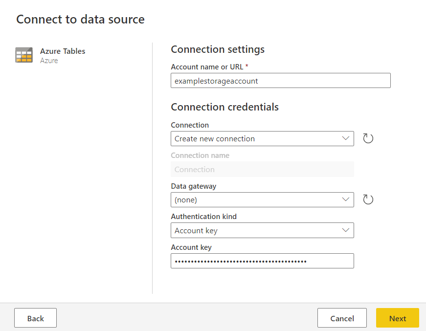 Screenshot of the Azure Table Storage window in Power Query online.