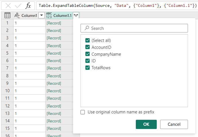 Screenshot showing how to expand the Column1.1 Column.