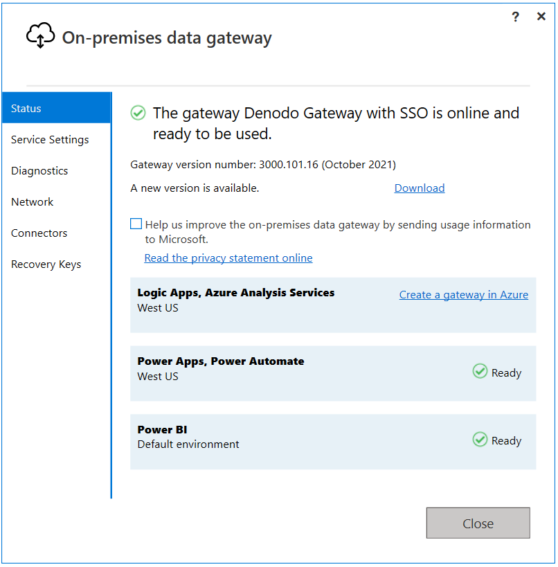 On-premises data gateway with status tab open.