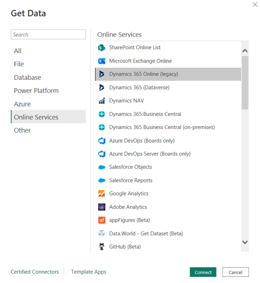Screenshot of the Get Data dialog, showing the Dynamics 365 Online (legacy) database selection.