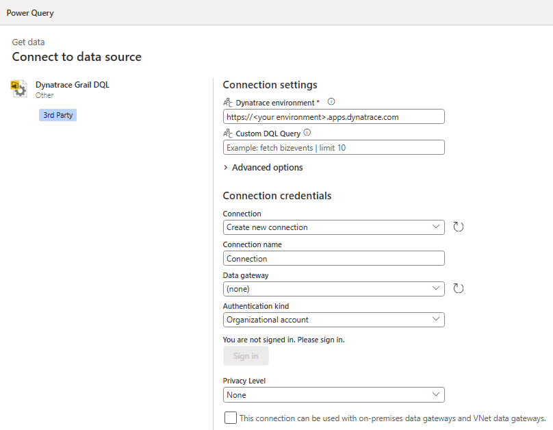 Screenshot of the environment entry dialog box in Power Query Online for the Dynatrace tenant to connect to.