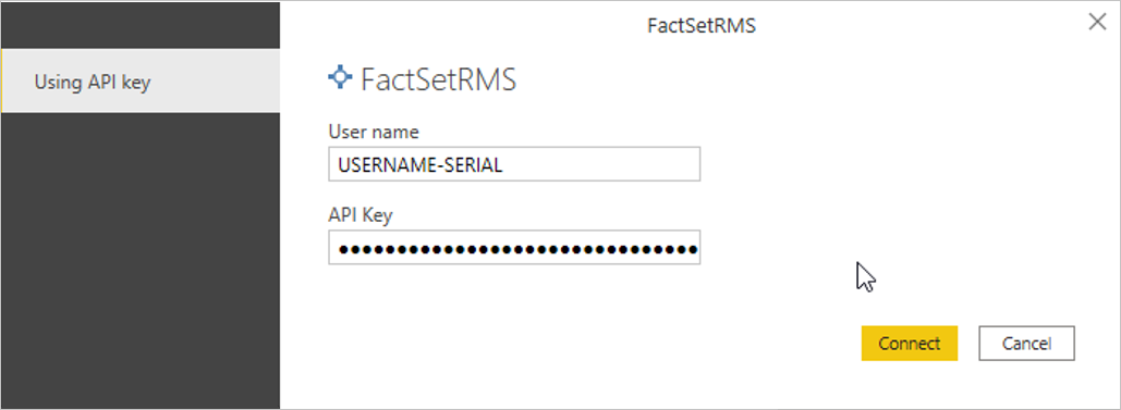 Image of the Authentication dialog box with a username and API key entered.