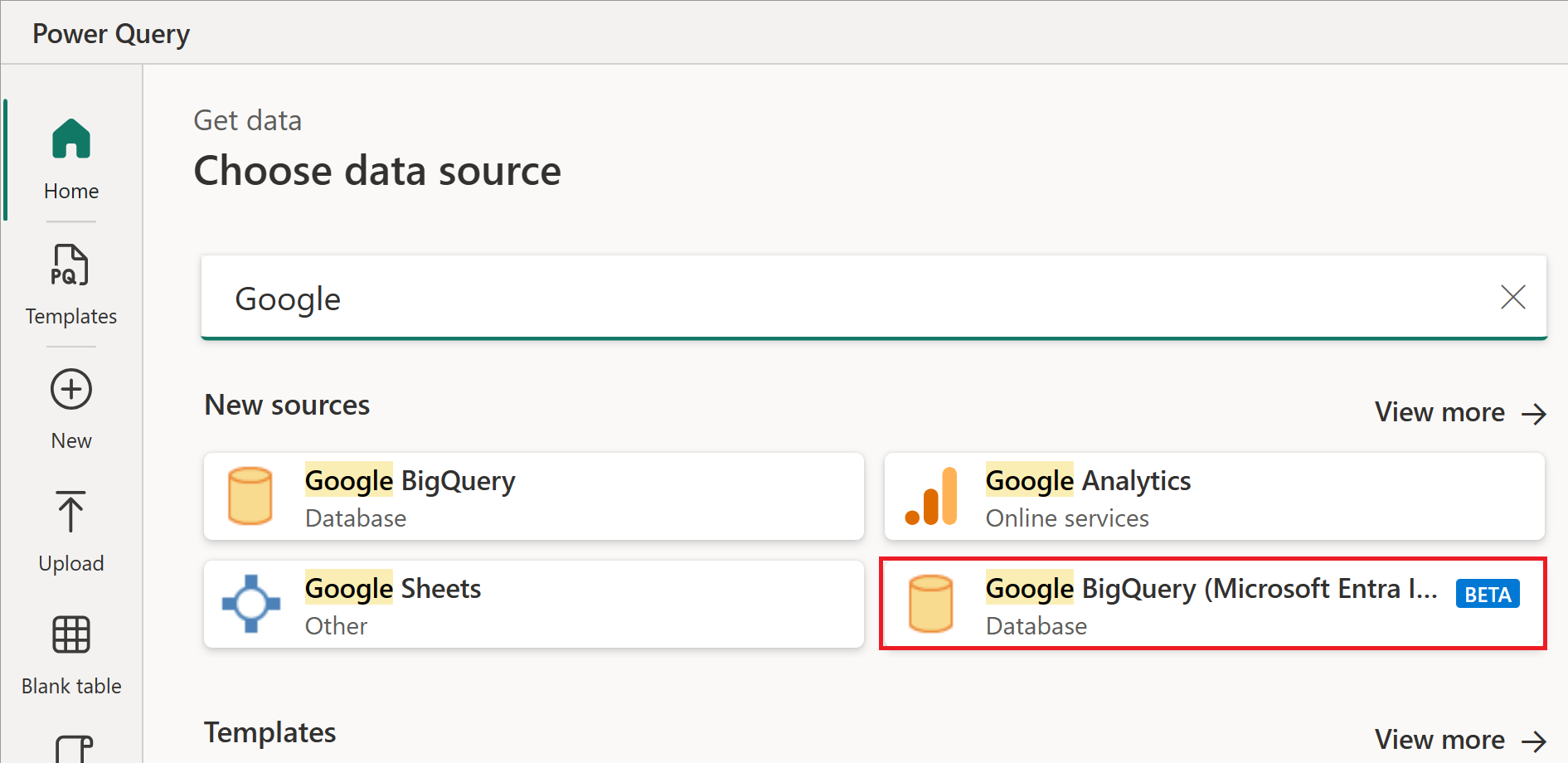 Screenshot of the Choose data source dialog with the Google BigQuery (Microsoft Entra ID) connector emphasized.