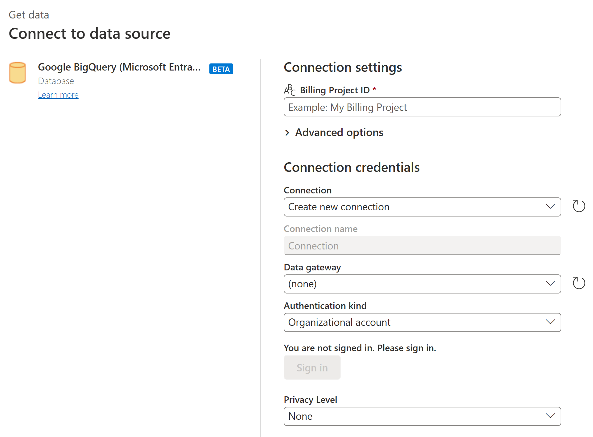 Screenshot of the Connect to data source dialog where you enter your Google BigQuery (Microsoft Entra ID) connection settings and credentials.