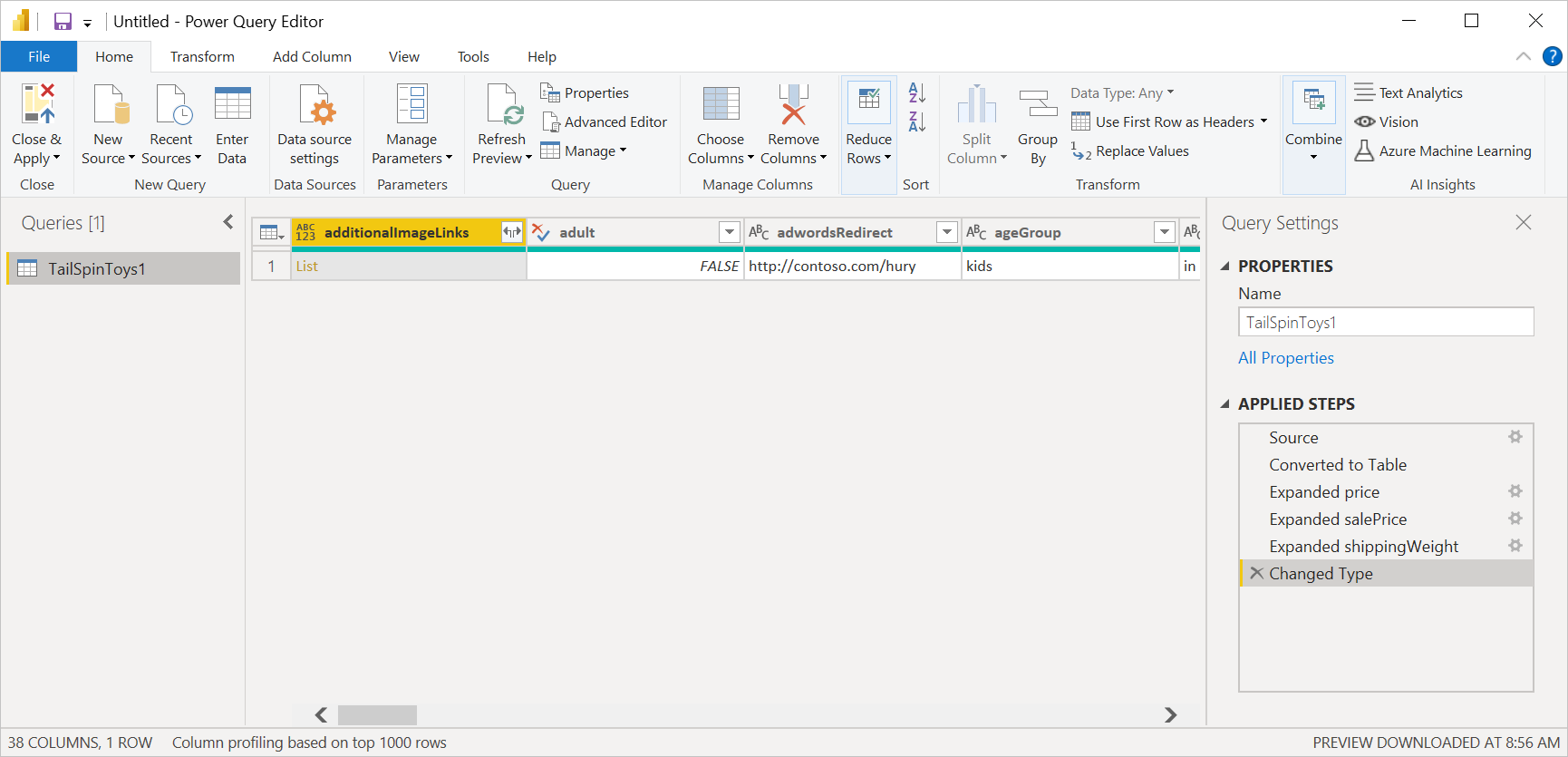 Image of the Power Query editor with the JSON data flattened into a table.