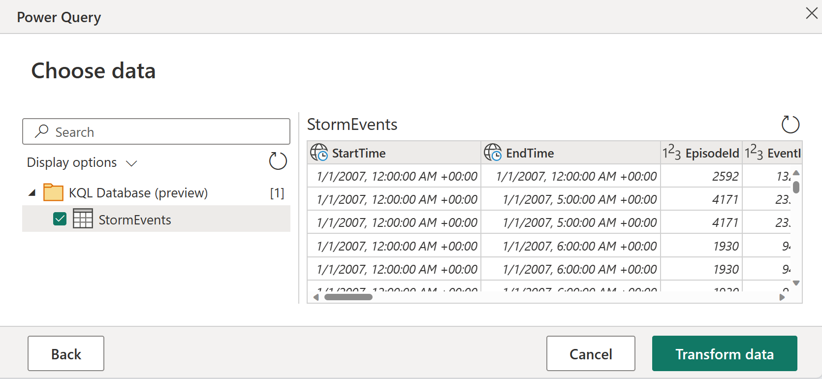 Screenshot of the choose data page, with storm events selected.