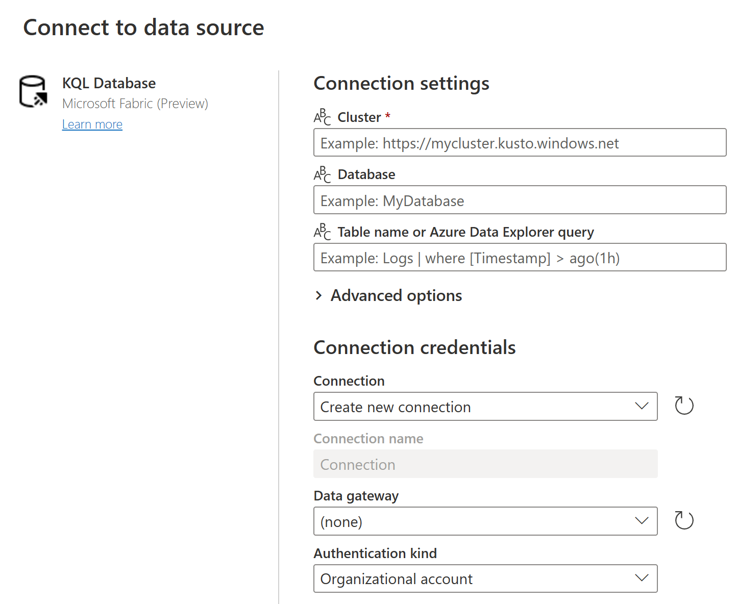 Screenshot of the connect to data source page, with connection setting ready to fill in.