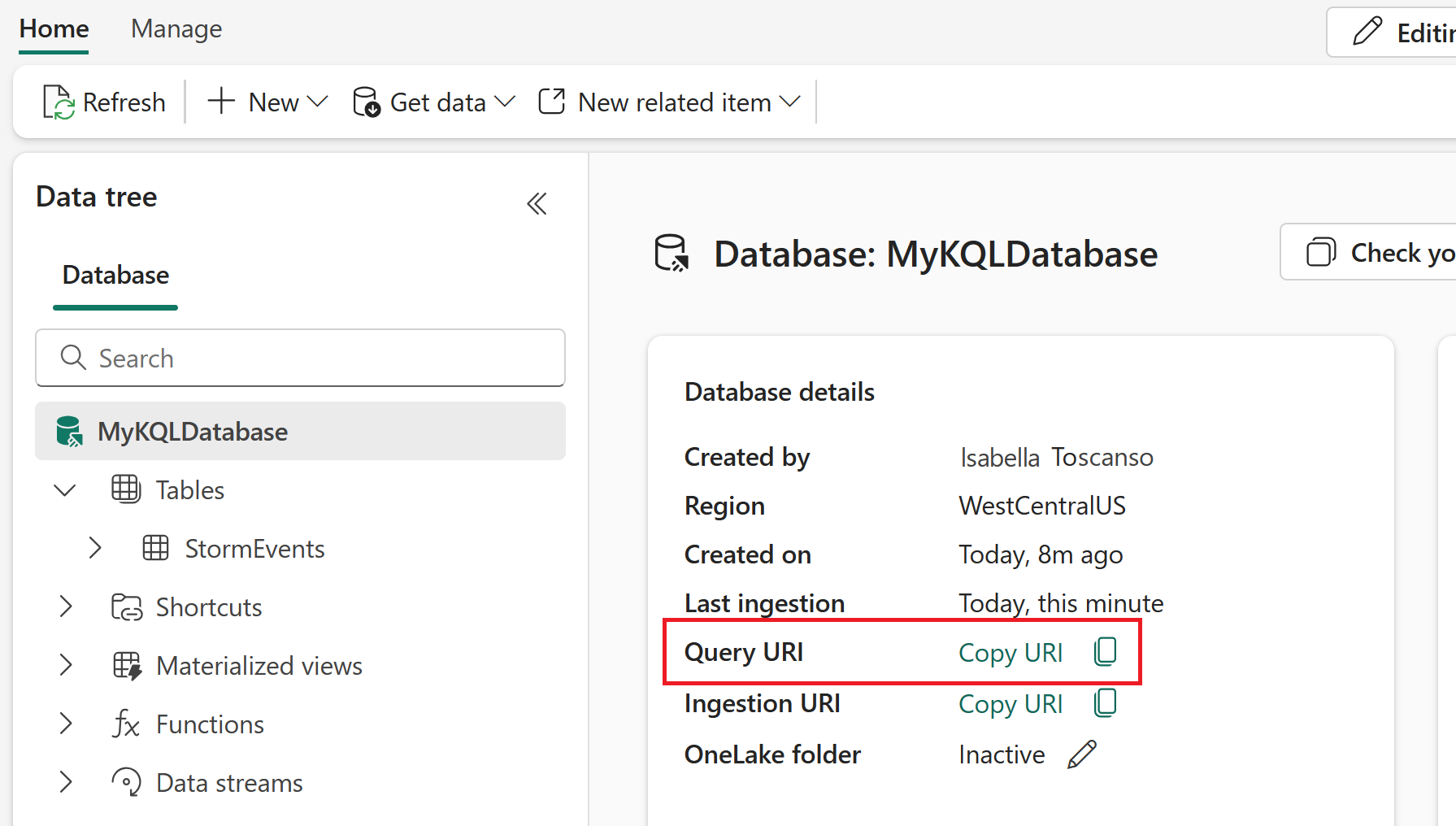 Screenshot of the KQL database home page with the Query URI copy option emphasized.
