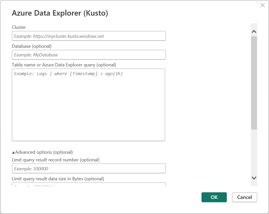 Screenshot of the Kusto page, showing the cluster and optional fields ready to be filled in.