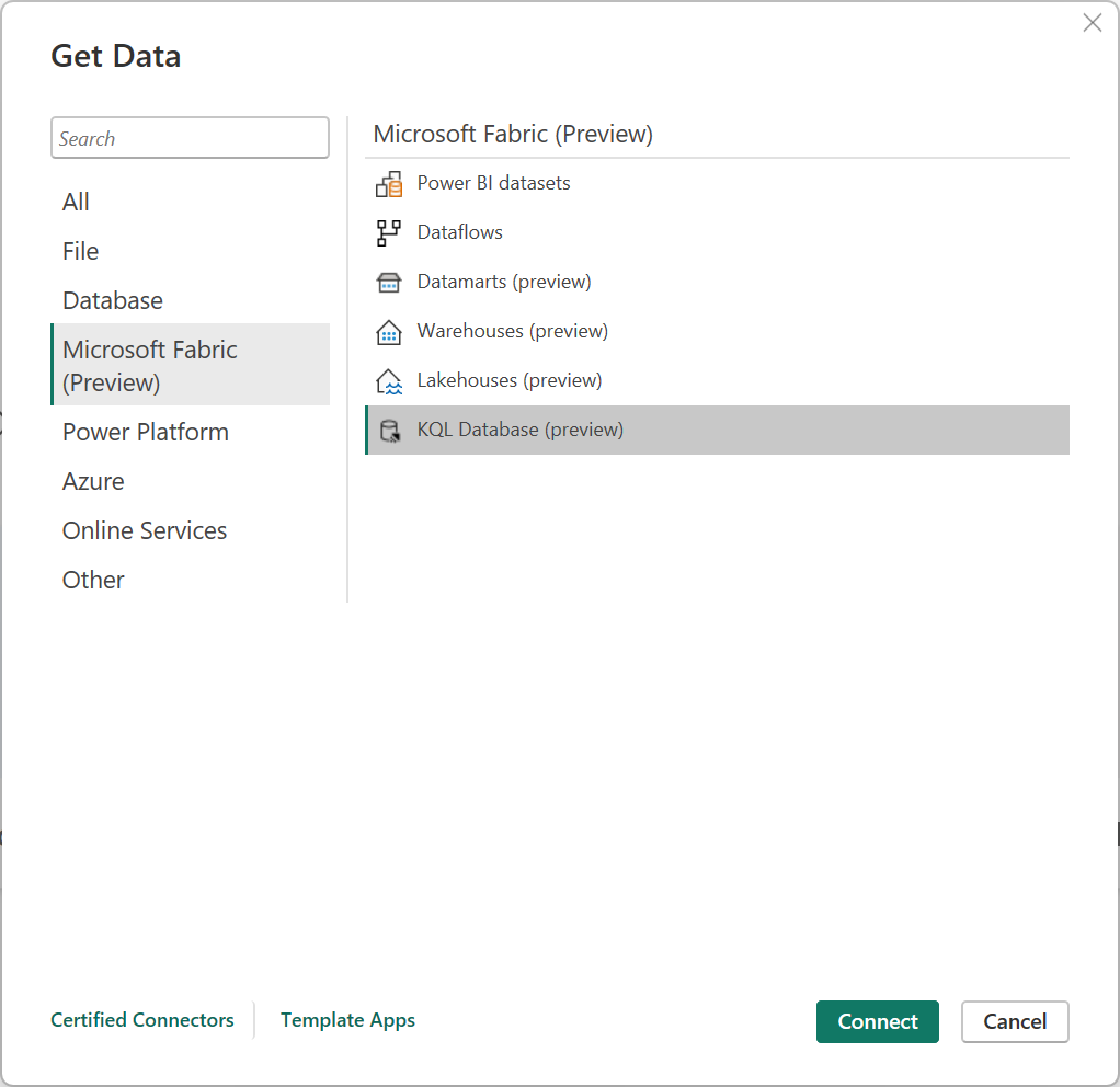 Screenshot of the get data page, with the Microsoft Fabric (preview) category selected, and KQL Desktop (preview) emphasized.