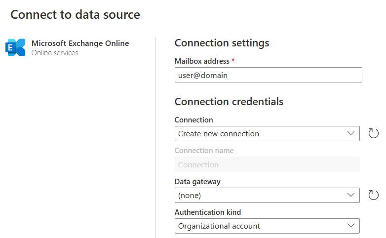 Screenshot of the connect to data source page with the mailbox address user@domain added.