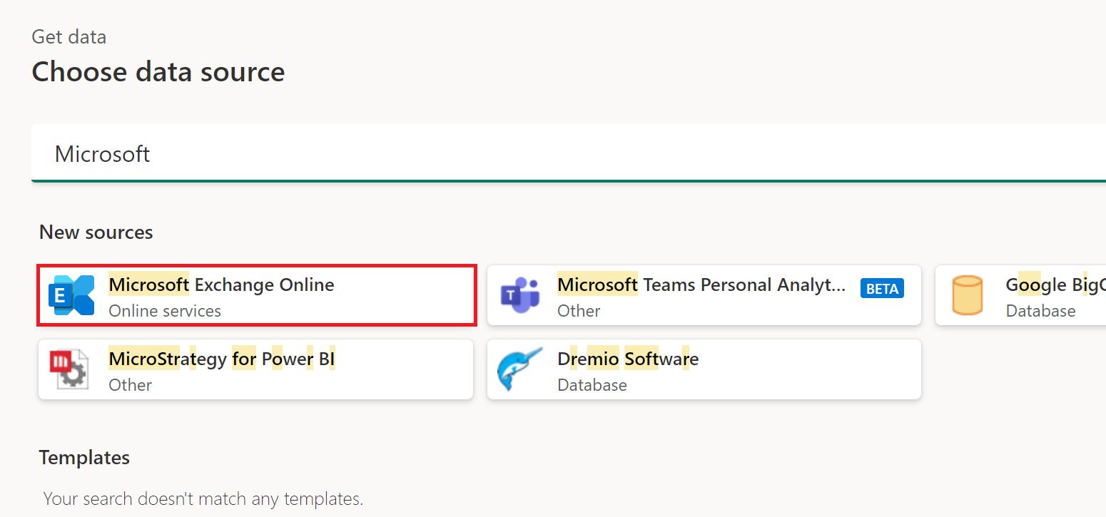 Screenshot of the choose data source window, with the Online services tab opened and Microsoft Exchange Online selected.