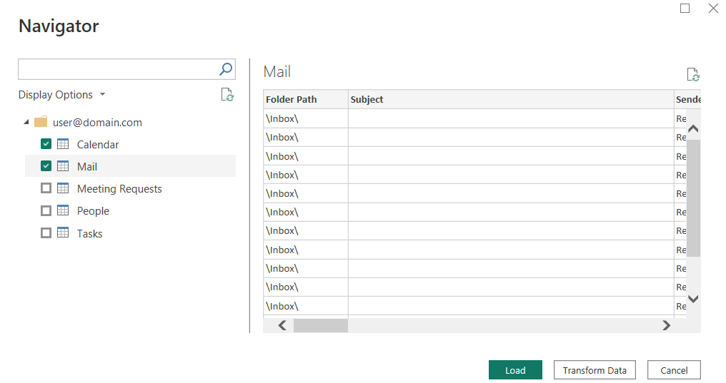 Screenshot of the Microsoft Exchange Online navigator, showing calendar and mail selected.
