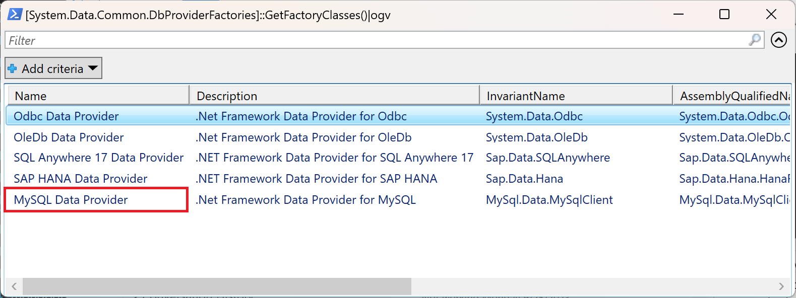 Screenshot of the data provider dialog with the MySQL data provider emphasized.