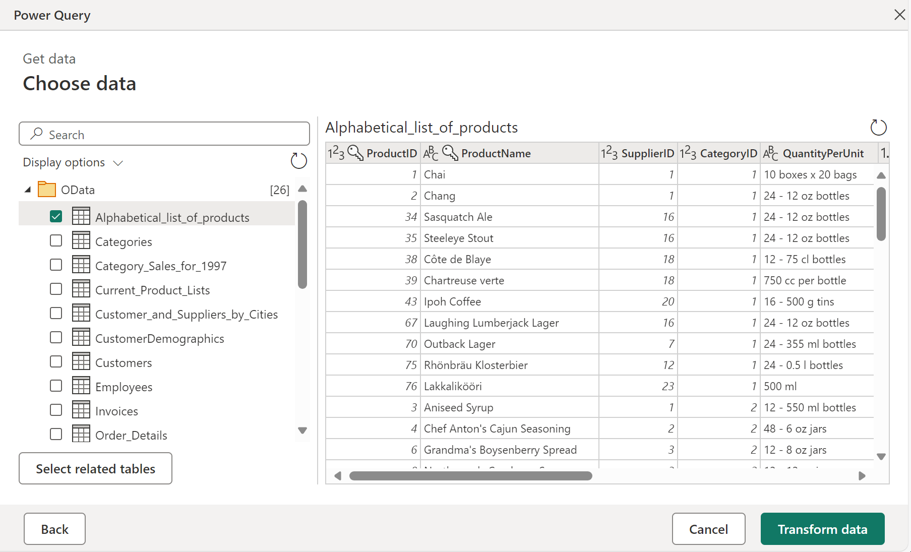 Screenshot of the online navigator with the alphabetical list of products selected and displayed.
