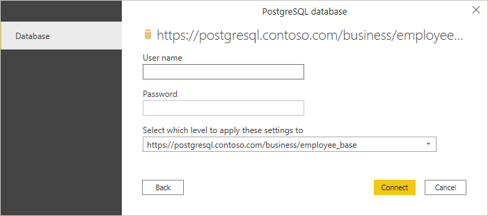 Enter your PostgreSQL user name and password.