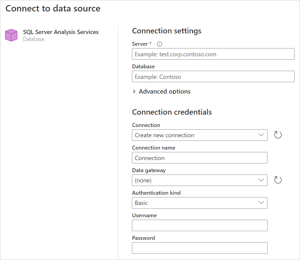 SQL Server Analysis Services database connection builder in Power Query Online.