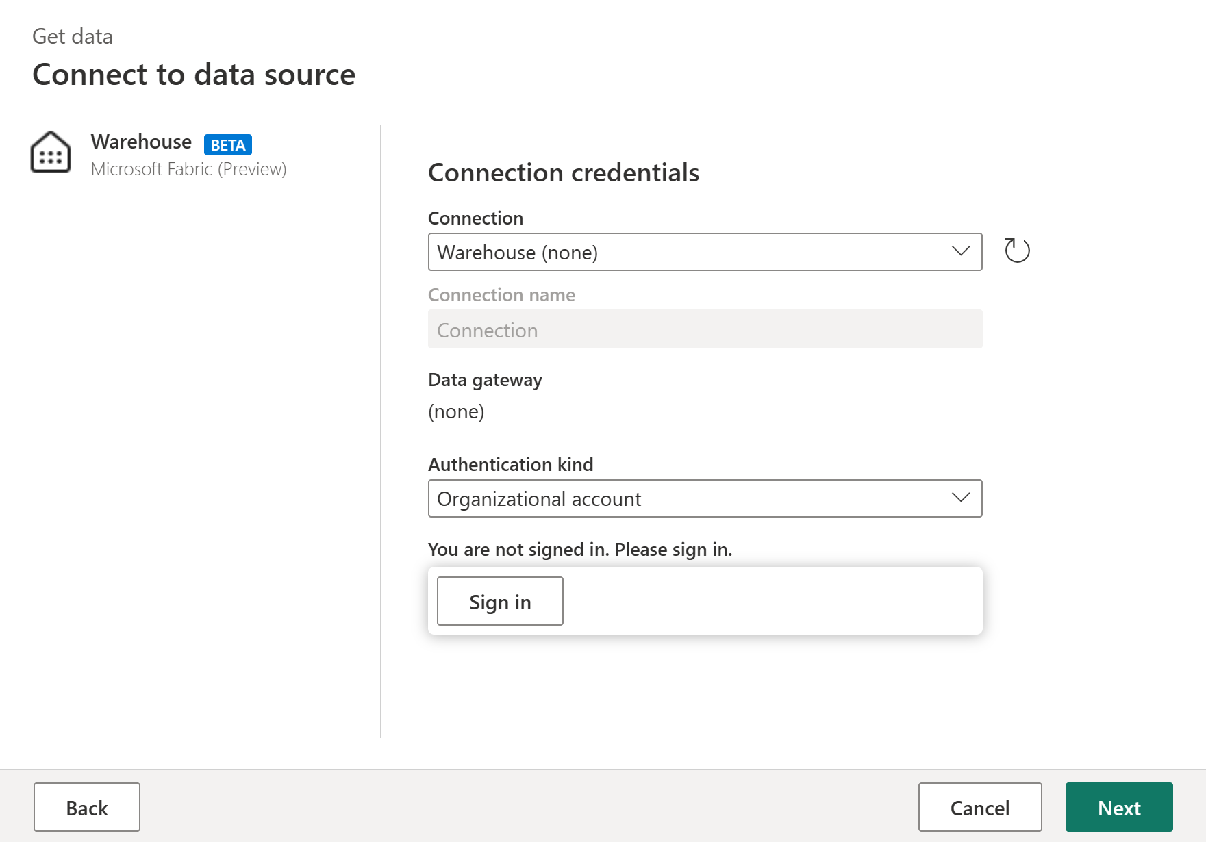 Screenshot of the connect to data source screen.
