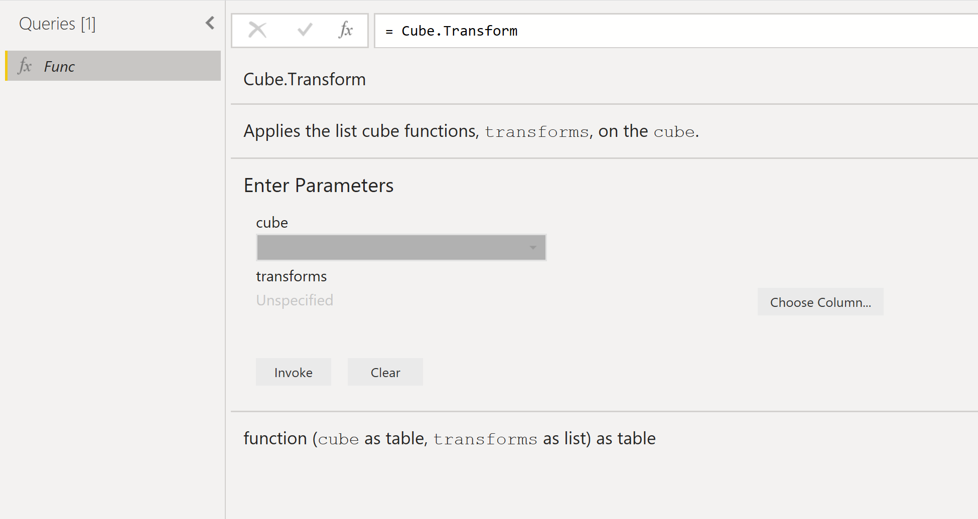 Image of the create function dialog box showing information about the Cube.Transform function.