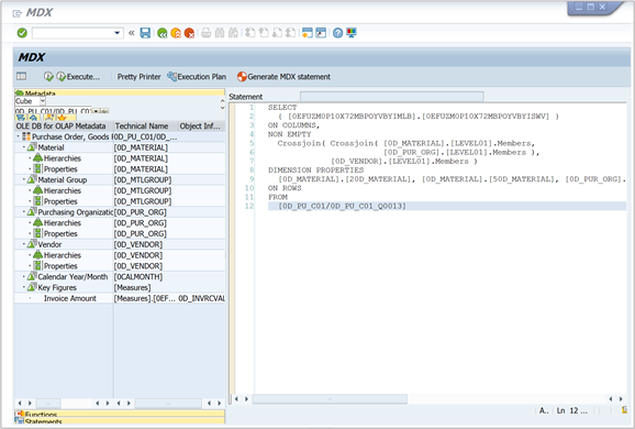 Troubleshooting an MDX statement with MDXTEST in the SAPGUI.