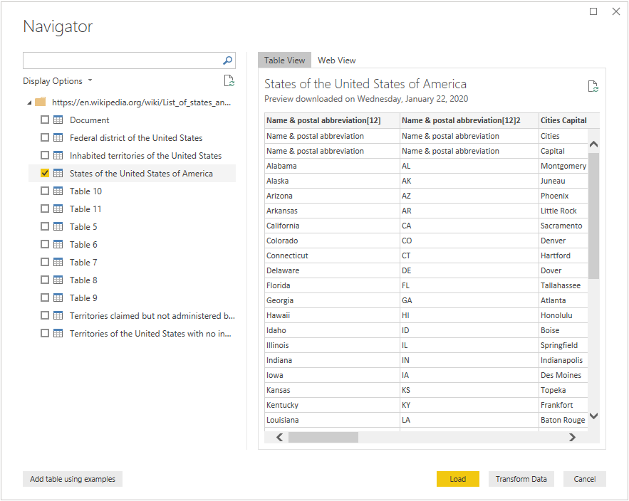 Web table selection.