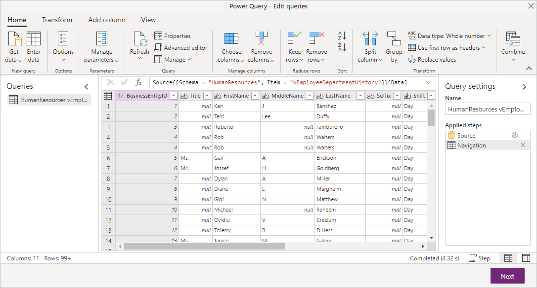 Edit queries and transform in Power Query Editor.
