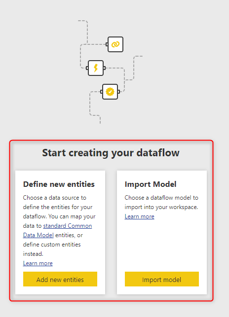 Create dataflow menu where only the "Define new entities" and "Import model" options appear