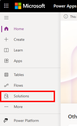 Screenshot of the Power Apps home page with the Solutions selection emphasized.