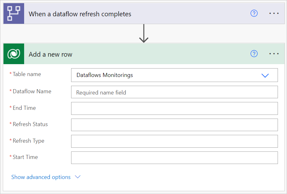 Image with the dataflows monitoring fields in the add a new row dialog box.